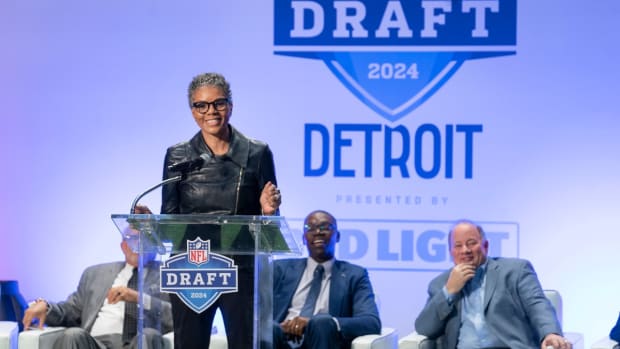 W.K. Kellogg Foundation Michigan Director Faye Nelson takes the stage as Detroit Sports Commission and Visit Detroit during a press conference at Ford Field on Monday, Nov. 27. Today marks 150 days until the 2024 NFL Draft that will take place in Detroit April 25-27, 2024.